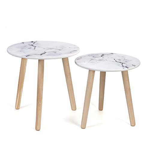 JUJOYBD Lot de 2 tables basses rondes en bois - Petites tables rondes - Table d'appoint pour salon, chambre à coucher, petites pièces, balcon, motif marbre blanc Cover