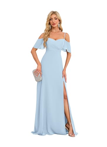 Image of Plus Size Chiffon Bridesmaid Wedding Guest Dresses Off The Shoulder A Line Formal Evening Gowns US16W HGR93 Baby Blue