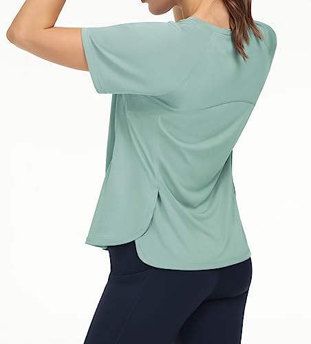 The Gym People Women's Short Sleeve Workout Shirts Breathable Yoga T-Shirts With Side Slits Athletic Tee Tops Light Green #TOP1