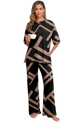 Image of PrinStory Womens Pajamas Sets 2 Piece Lounge Set Short Sleeve Tops and Long Pants Soft Pjs Loungewear with Pockets