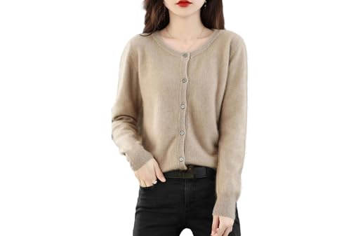 Cárdigan de manga larga para mujer, cálido, de cachemira, de visón, cuello redondo, holgado, color liso, cárdigan de punto, Bronceado claro, L