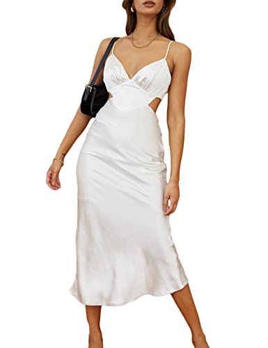 Image of Satin Slip Backless Midi Dress for Wedding Guest Silk V Neck Cut Out Tie Back Long Dresses for Women 2023 White