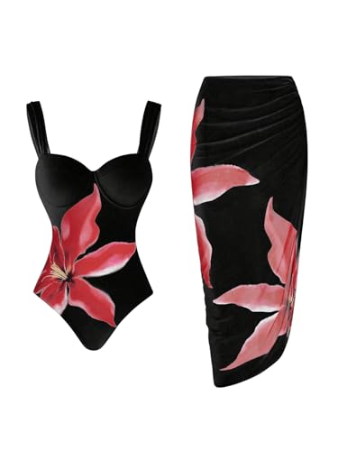 SweatyRocks Women's Floral Print One Piece Control Swimsuit Monokini with Cover Up Beach Skirts Swimwear