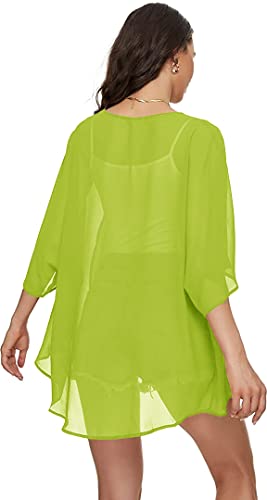 Image of Indian Trendy Women's Solid Puff Sleeve Kimono Cardigan Loose Cover Up Casual Blouse Top Chiffon