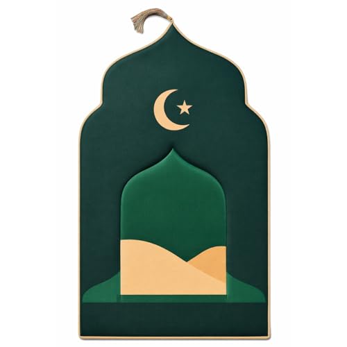 Fabienne Childrens Prayer Mat 60x95cm Memory Foam Prayer Mat for Kids Dome Style with Colorful 3D Design and Tassel Nonslip Lightweight Salah Mat Kids Gift Mat (Dark Green-Crescent)