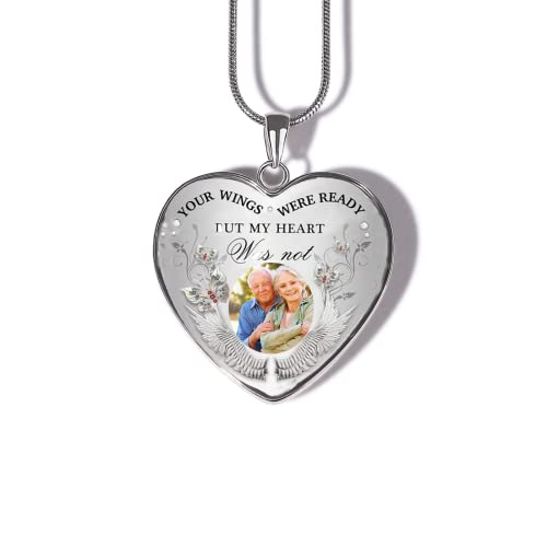 Drawelry Personalized Photo Memorial Necklace Customized Picture Pendant With Angel Wings Sterling Silver for Women Men I Will Carry You with Me Heart Memory Necklace Jewelry Gift for Memorial Father's Mother's Day Birthday Anniversary Loving Memory
