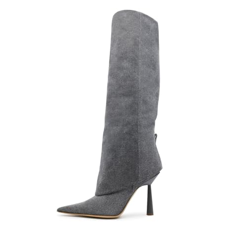 Image of Goolita Fold Over Boots For Women, Pointed Toe Stiletto Heel Knee High Boots Fashion Comfortable Slip On Tall Boots