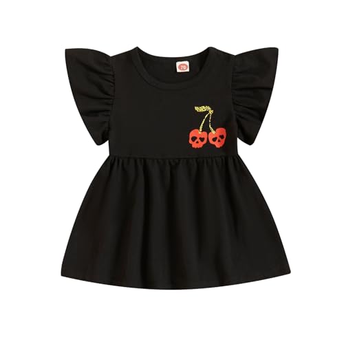Image of Gueuusu Toddler Baby Girl Halloween Dress Cherry Skull Ruffle Sleeve Round Neck Cotton Dress Kids Halloween Party Outfit (Black, 6-12 Months)
