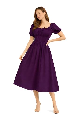 Image of BOOSTY Women's Puff Sleeve Smocked Midi Dress, Square Neck A-Line Dress