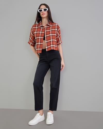 Image of Chimpaaanzee Women Checks Half Sleeve Crop Shirt