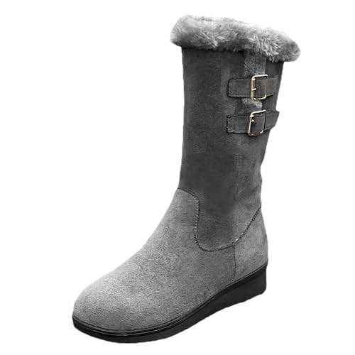 Genérico Botas de media pantorrilla para mujer, invierno, antideslizante, suela gruesa, tacón cuadrado, cremallera, punta redonda, cálidas, cómodas, gris, 41 EU