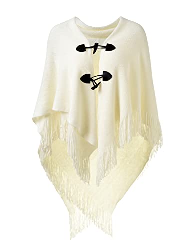 Ferand Poncho Châle Femme Elégant Chaud Ouvert Devant avec Bouton à Franges pour l' Automne Hiver - Taille Unique - Blanc