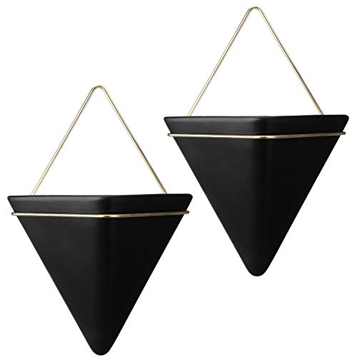 Hangerspace Large Wall Planter 2 Pack, Ceramic Planter Indoor Hanging Planter Wall Decor For Succulent, Cactus, Air Plant, Faux Plants (Black-Gold) #TOP6