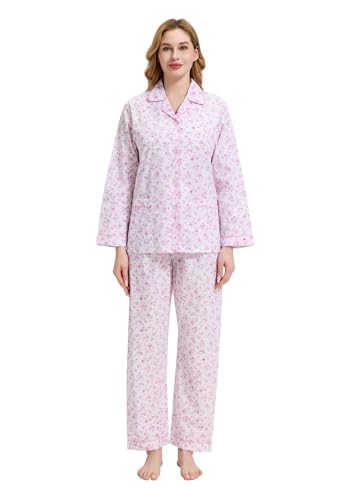 Image of GLOBAL Women Cotton Pajamas Long Sleeve PJs Button Down Sleepwear S-3XL