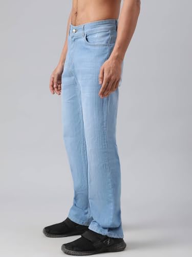 Image of KOTTY Men's Solid Scorpion Grass Blue Button Straight Fit Jeans