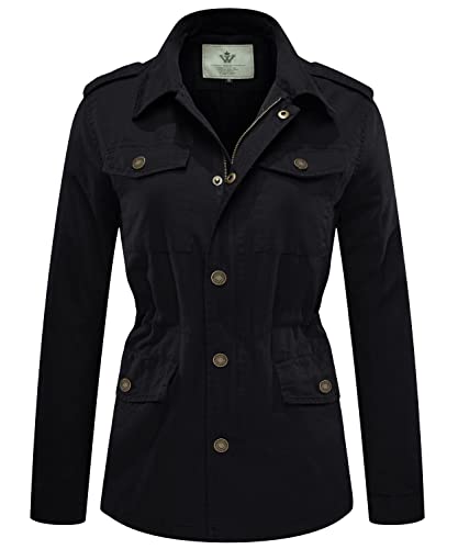 WenVen Women's Slim Fit Spring Cotton Military Chore Jacket, Black