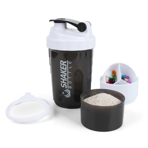 Image of Shaker Bottle,16oz Protein Shaker Bottles with Mixing Ball, 3 in 1 Leak-proof GYM Shake Cup with Powder Storage & Pill Tray, Ideal for Workout,BPA Free (White)