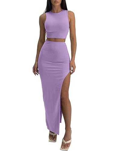 Image of ELLEVEN Sexy 2 Piece Maxi Skirt Sets for Women, Going Out Outfits | High Stretch, Lightweight, Slim Fit, Sleeveless Knit Crop Tank Top, High Slit Skirt Dress Set, Summer Date Night Outfits