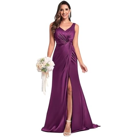 BOLENSYE Satin Bridesmaid Dresses Plum V Neck Mermaid Evening Party Gown for Women with Slit Size4 Cover