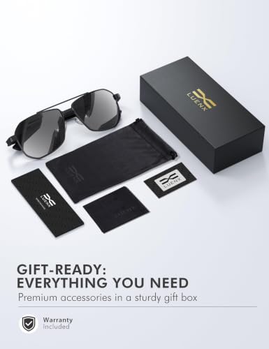 Image of Luenx Aviator Polarized Sunglasses for Men: Square UV400 Driving | Big Head Fit,Adjustable Nose Pads,Lightweight,Anti-slip,Impact-resistant,Scratch-Resistant,Glare Reduction,Gift-Ready Set