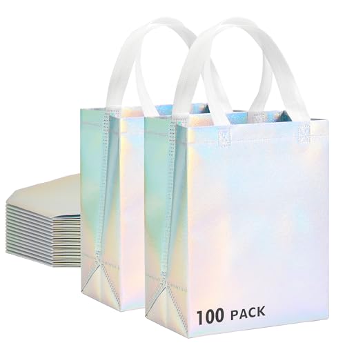 100 Pcs Iridescent Glossy Gift Bags Medium Size...