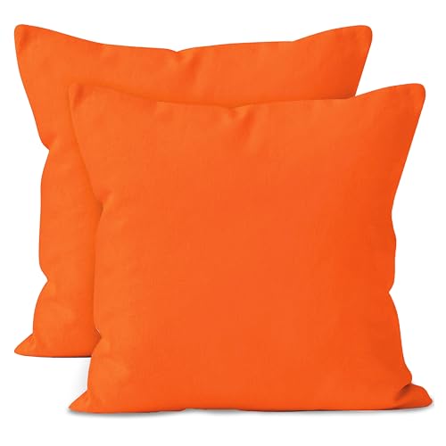 Encasa XO Cotton Throw Pillow Covers Set of 2 I 18x18 in (45x45 cm) - Orange I No Insert I Plain Square Pillowcases I Machine Washable