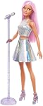 Barbie Poupée Pop Star habillée en jupe irisé avec microphone et cheveux roses, Jouet pour 3 à 7 Âgés d'un an