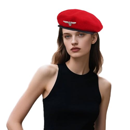 Besforta Béret militaire en laine pour homme et femme, béret militaire réglable avec bordure en cuir, Rouge, Taille unique