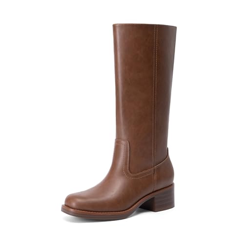 DREAM PAIRS Women's Mid Calf Riding Boots Square Toe Retro Banana Boots Chunky Block Heel Pull-On Fashion Boots,Size 7.5,Brown,SDMB26004W