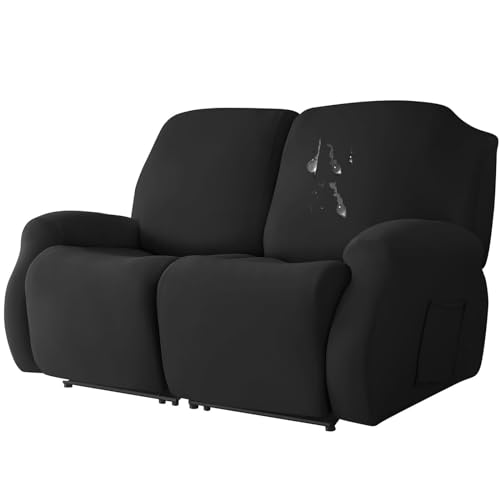 スパンデックス リクライニングソファーカバー 2人掛け, 撥水 6 ピース 電動 リクライニングチェア ソファーカバー ソフト 伸縮性 ソファーカバー と 伸縮性のある底 取り外し可能 用 リビングルーム-黒-2人掛け