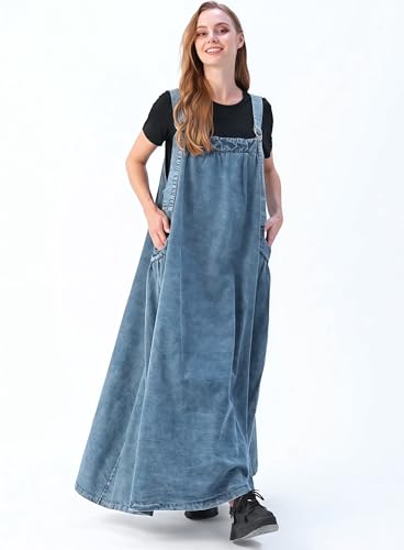 Denim Jumper Dress for Women Loose Version Baggy Style Maxi Length Adjustable Straps Wide Hemline2