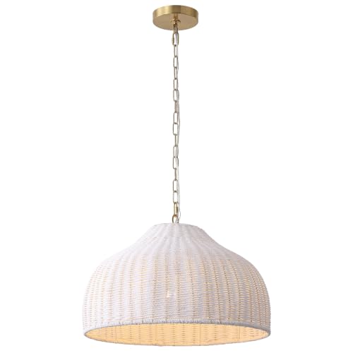 JONATHAN Y Eliza 20" Bohemian White & Brass Gold Woven Rattan Dome Pendant