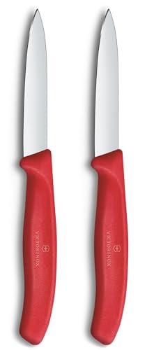 Victorinox Swiss Classic, Set de couteaux à éplucher et à légumes, 2 pièces, Lame extra-tranchante, Aiguisage droit pour des coupes précises, 8 cm, Acier inoxydable, Rouge