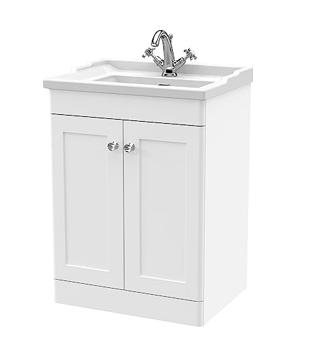Image of nuie CLC125F Classique Floor Standing 2 Door Vanity Unit & 1 Tap Hole Ceramic Basin, 600mm, Satin White