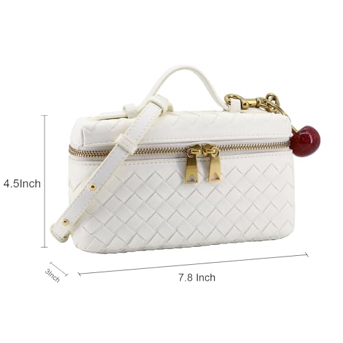 Image of Small Woven Box Crossbody Bags for Women Mini Top Handle Clutch Purse | Designer Leather Square Vanity Bag with Cherry Charm
