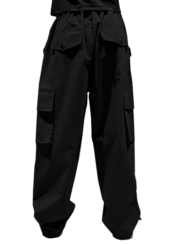 Image of HENGAO Girls Y2k Cargo Pants Drawstring Harajuku Jogger Parachute Pants with Pockets, Black,13-14 Years = Tag 170