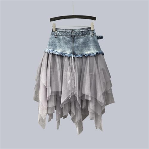 Women Denim Mesh Patchwork Lace Skirt High Waist A Line Asymmetric Frill Tulle Gothic Skirts3