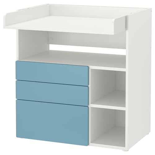 ProTuning SMÅSTAD - Cambiador, blanco y azul con 3 cajones, 90 x 79 x 100 cm