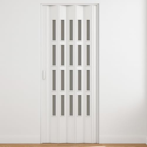 HDcasa Puerta plegable modelo extra estándar de PVC con cristales transparentes, reversible, regulable tanto en altura como en longitud, fabricada en Italia, color blanco, 82 x 220 cm