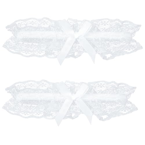 Jarretières, lot de 2 jarretelles sexy en dentelle pour mariée extensible avec nœud (dentelle-blanc)