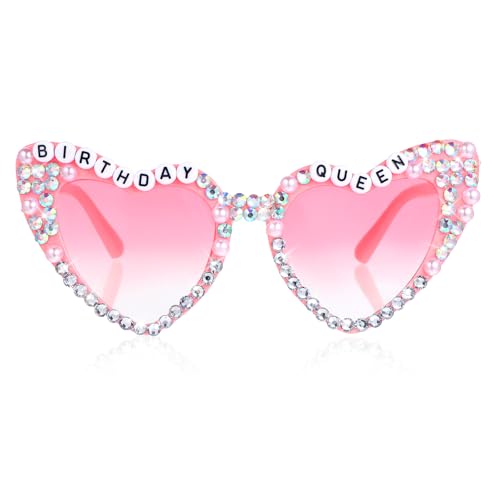 Birthday Queen Sunglasses, Pink Heart Birthday Pearl Glasses for Women, Shiny Rhinestone Heart Shaped Sun Glasses for Birth Day Party Favors Birth Day Decorations