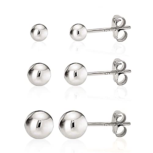 KEZEF Sterling Silver Ball Stud Earrings Trio Set - Hypoallergenic 3mm, 4mm & 5mm Everyday Jewelry for Women
