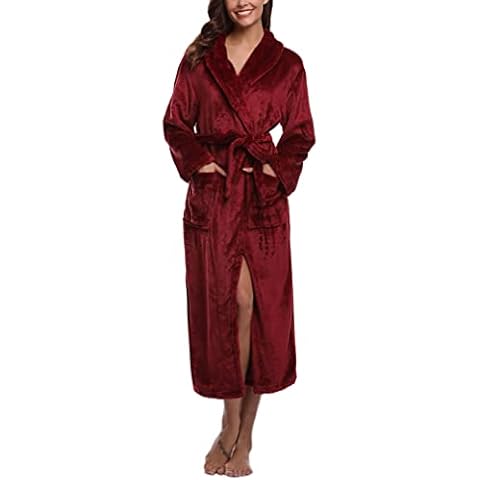 Irdcomps Women's Dressing Gown Soft Fleece Robes Flannel Bathrobe Warm Towelling Fluffy Loungewear Nightwear with Pockets Wine red M Cover
