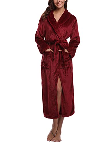 Irdcomps Damen Bademantel Fleece Lang ohne Kapuze Flauschiger Saunamantel Winter Warm Hausmantel Weich Nachtwäsche Reisemantel Schalkragen Langarm Loungewear mit Taschen Weinrot L Cover