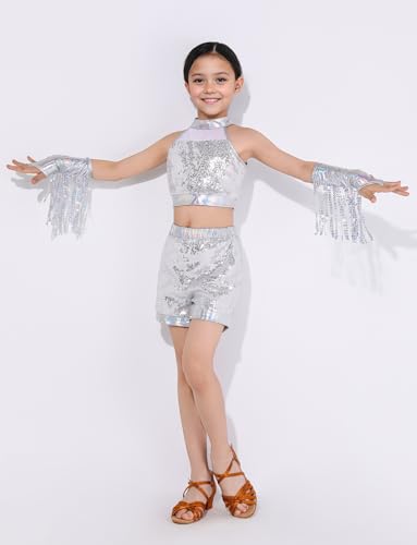 Image of Happy Cherry Girls Shiny Sequin Latin Dance Shorts Set 3 Pcs for Disco Hip Hop Jazz Cha Cha Dance 3-12Y
