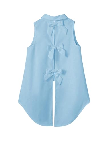 Image of Verdusa Girl's Button Front Bow Back Sleeveless Shirt High Low Asymmetrical Hem Blouse Top