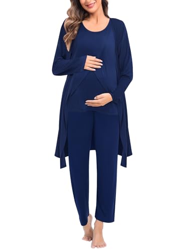 Image of SWOMOG Maternity Nursing Robe Set 3 PCS Postpartum Breastfeeding Pajamas Hospital Pregnancy Pjs Double Layer Lounge Set