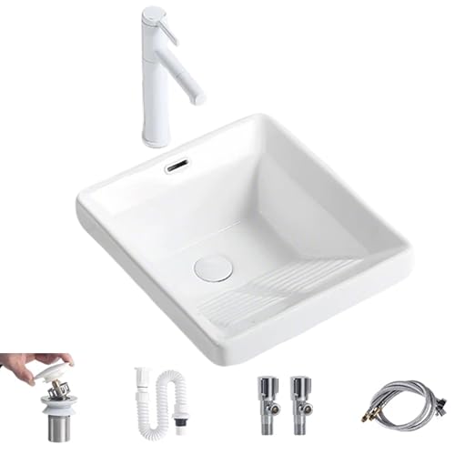 Lavadero Pila Exterior con Tabla de Lavar, Lavabo Baño de Cerámica, con Grifo Extraíble y Kit de Desagüe, para Lavaderos en Balcones(400x460x220mm)