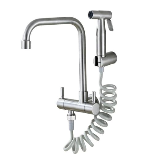 Kitchen Faucet 304 Stainless Steel into The Wall Horizontal Cold Faucet Spray Set Bidet Nozzle Double Control Faucet,2,Include:1*Faucet