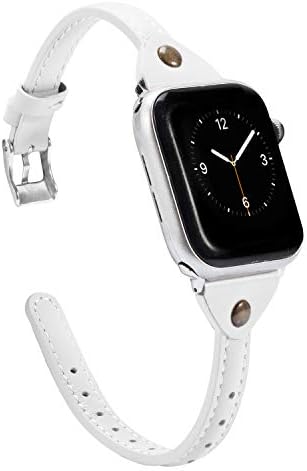 Wearlizer White Thin Leather Compatible with Apple Watch Bands 38mm 40mm for iWatch SE Womens Narrow Strap Rivet Slim Sleek Stylish Cute Dressy Wristband (Silver Clasp) Series 6 5 4 3 2 1 Sport